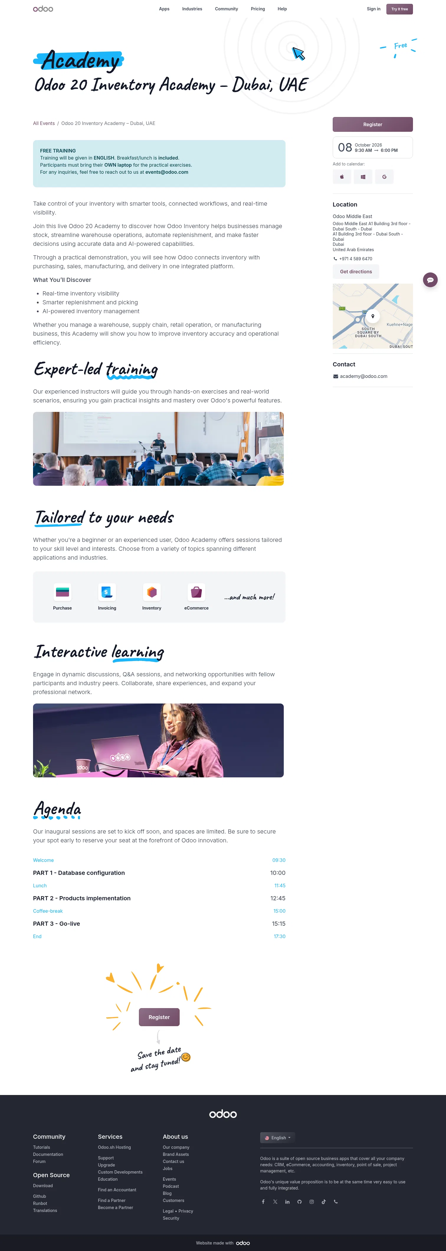 odoo.com/event/odoo-20-inventory-academy-dubai-uae-12194/register on desktop, full screenshot