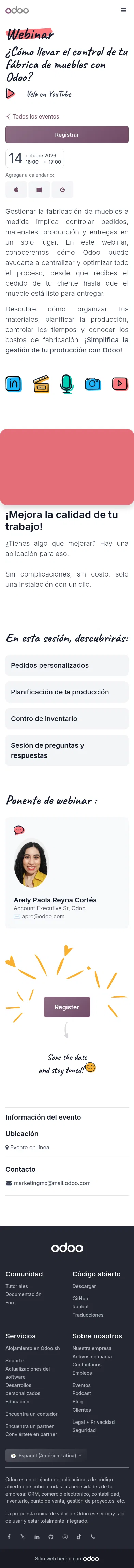 odoo.com/es/event/como-llevar-el-control-de-tu-fabrica-de-muebles-con-odoo-12641/register on mobile, full screenshot