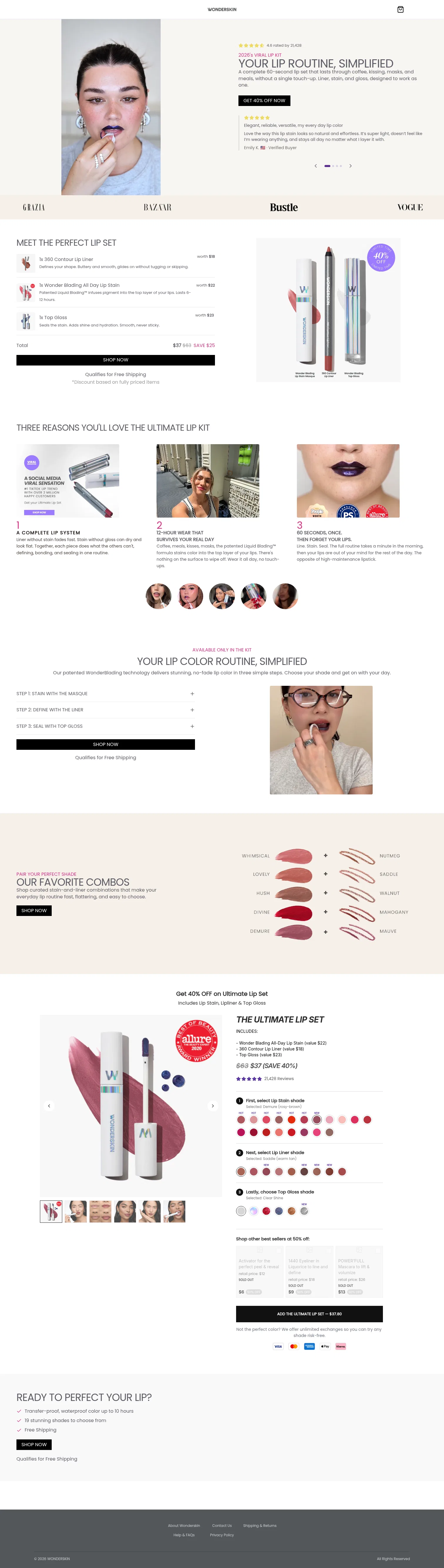 shop.wonderskin.com/ultimate-lip-set-ws on desktop, full screenshot