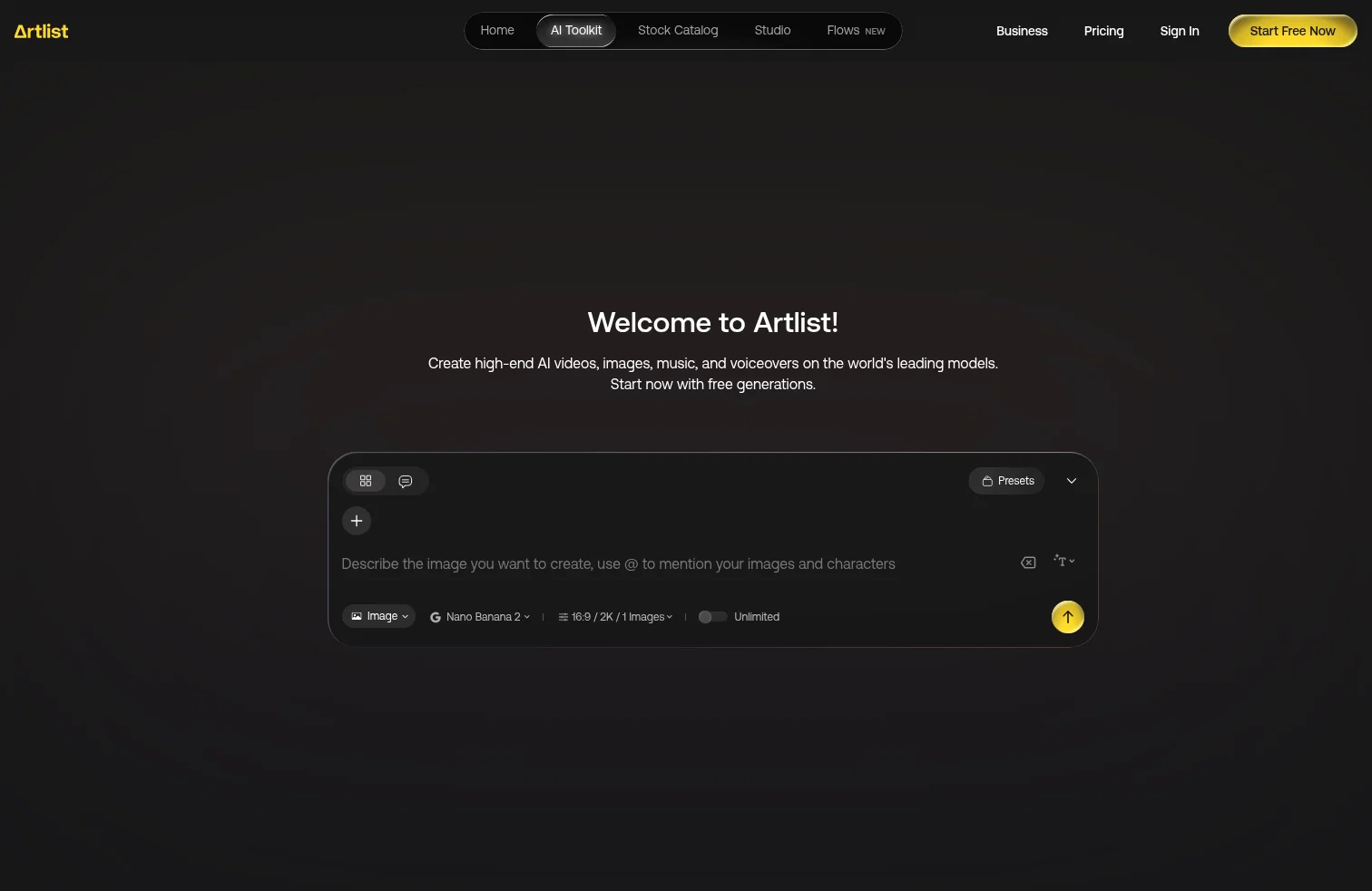 Artlist landing page