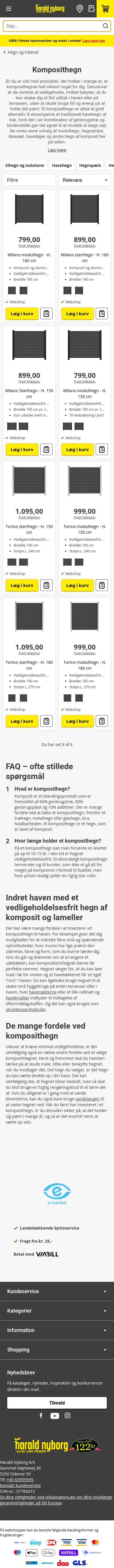 harald-nyborg.dk/haven/hegn-og-traadnet/komposithegn on mobile, full screenshot