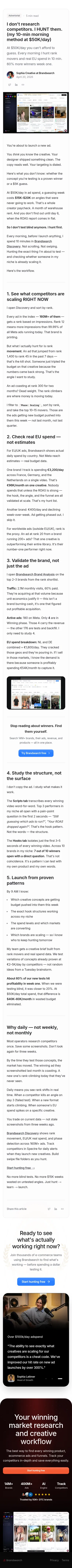 brandsearch.co/lp/daily-competitor-research-method-50k on mobile, full screenshot