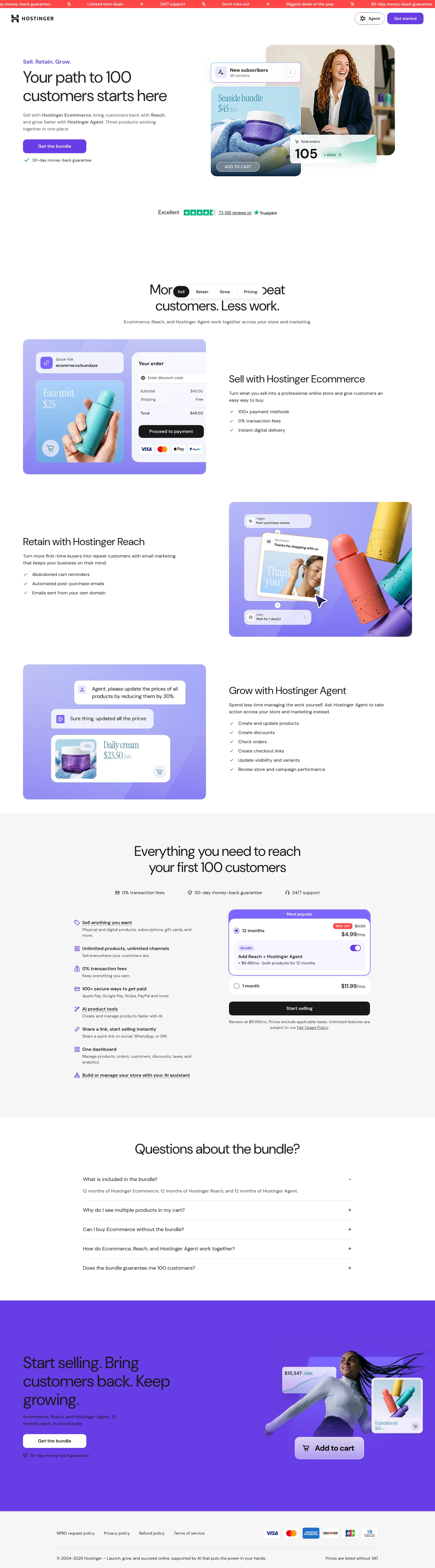 hostinger.com/first-100-customers-bundle on desktop, full screenshot