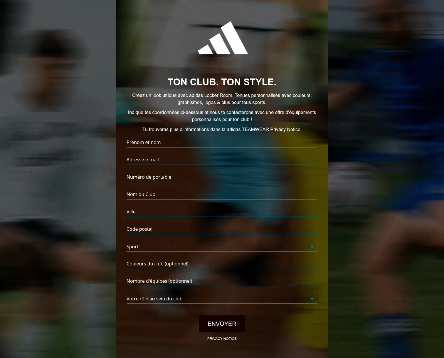 adidas-teamwear.campaign.playable.com/paid-social-france on desktop, full screenshot