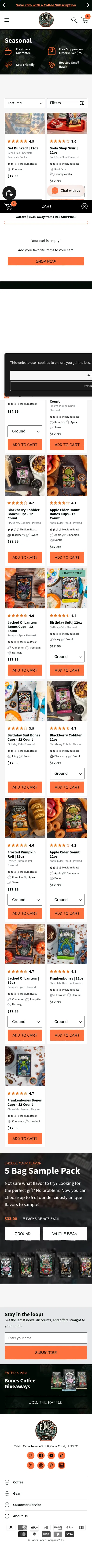 bonescoffee.com/collections/seasonal-collection-1 on mobile, full screenshot
