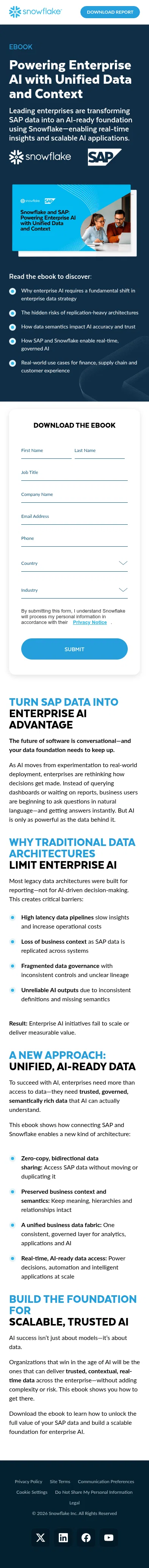 snowflake.com/en/sap-enterprise-ai-unified-data-context on mobile, full screenshot