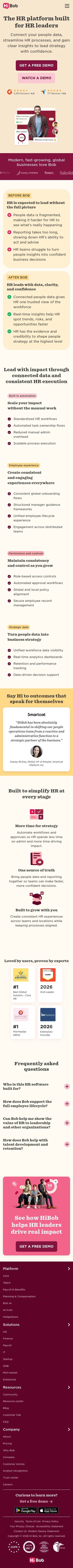 hibob.com/solutions/hr on mobile, full screenshot