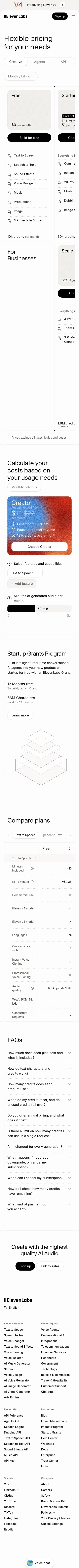 elevenlabs.io/pricing on mobile, full screenshot