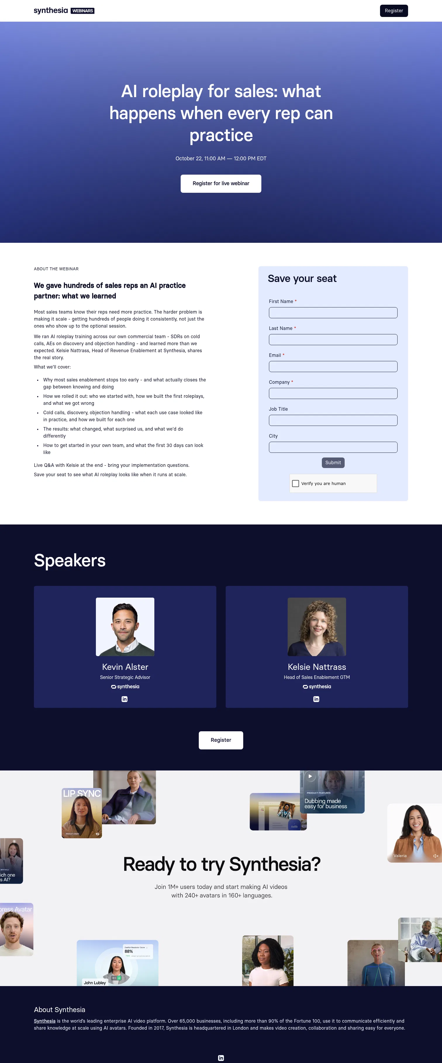 webinars.synthesia.io/ai-roleplays-for-sales on desktop, full screenshot
