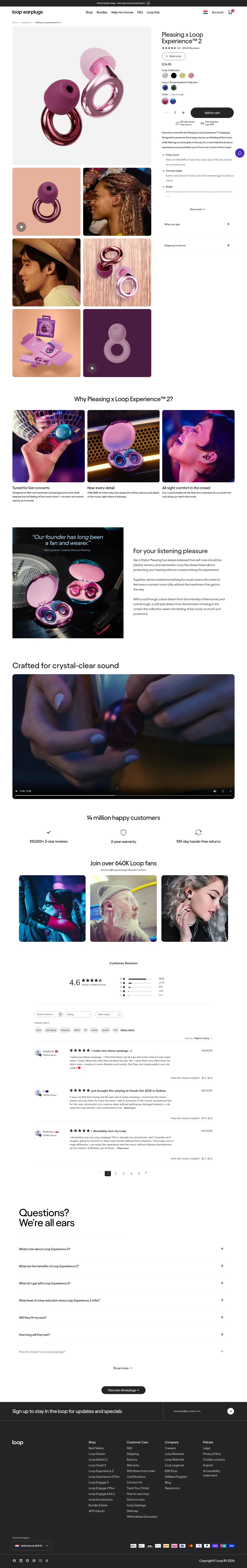 loopearplugs.com/products/experience-2-x-pleasing on desktop, full screenshot