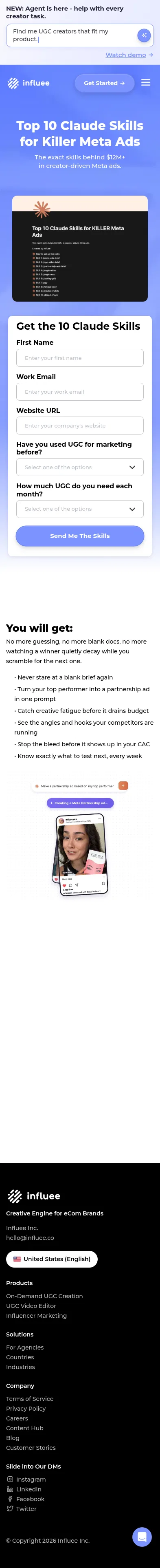 influee.co/content-hub/claude-skills-meta-ads on mobile, full screenshot