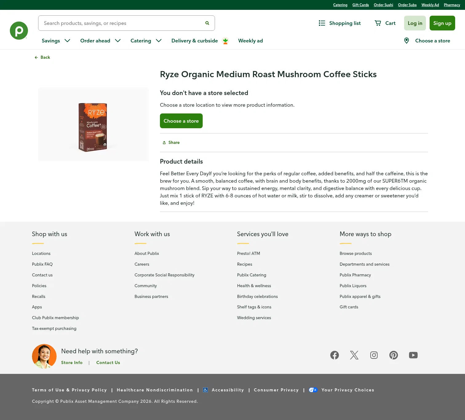 publix.com/pd/ryze-organic-medium-roast-mushroom-coffee-sticks/RIO-PCI-639544 on desktop, full screenshot