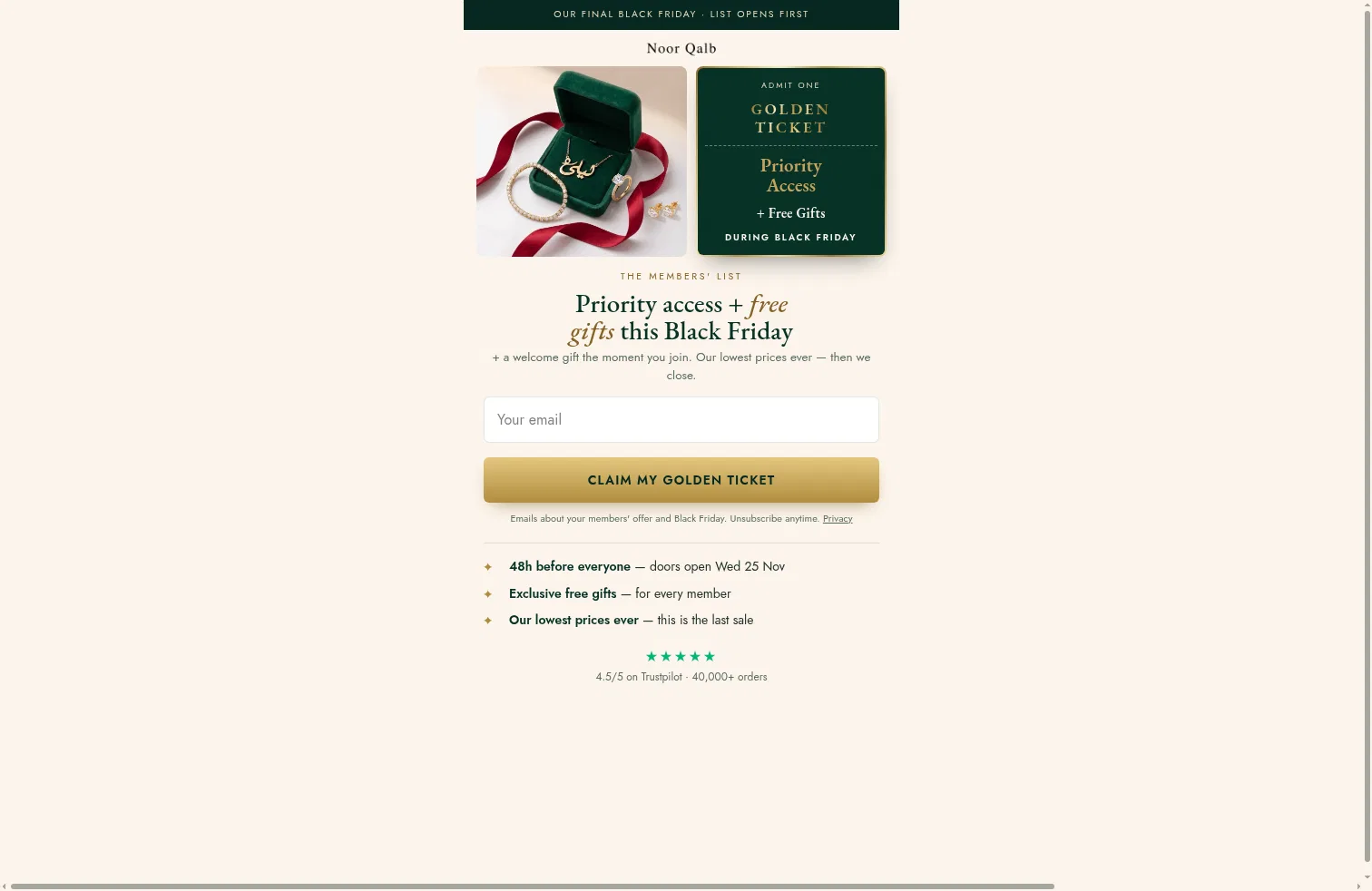 noorqalb.com/pages/golden-ticket on desktop, full screenshot
