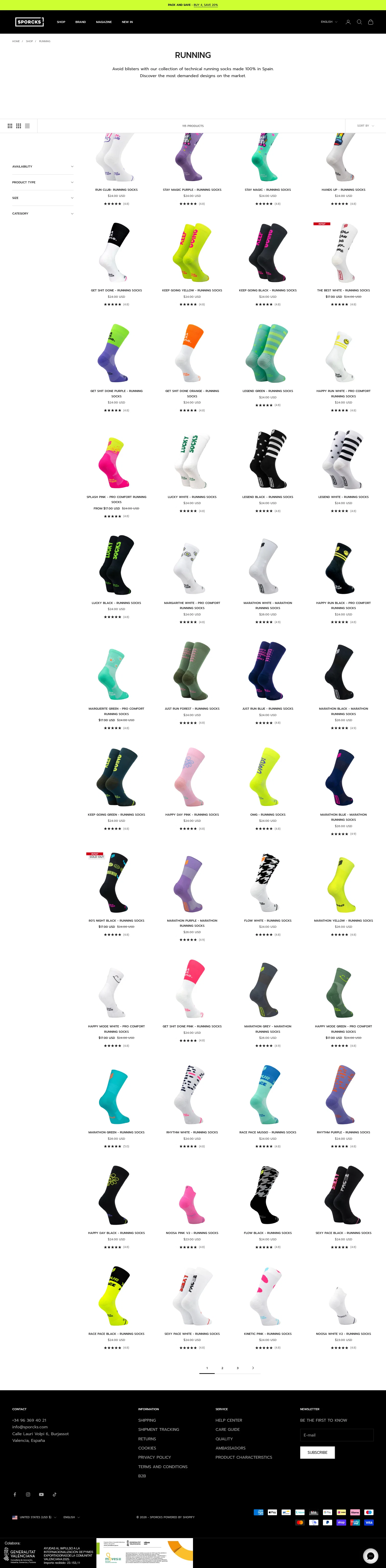 sporcks.com/collections/running-socks on desktop, full screenshot