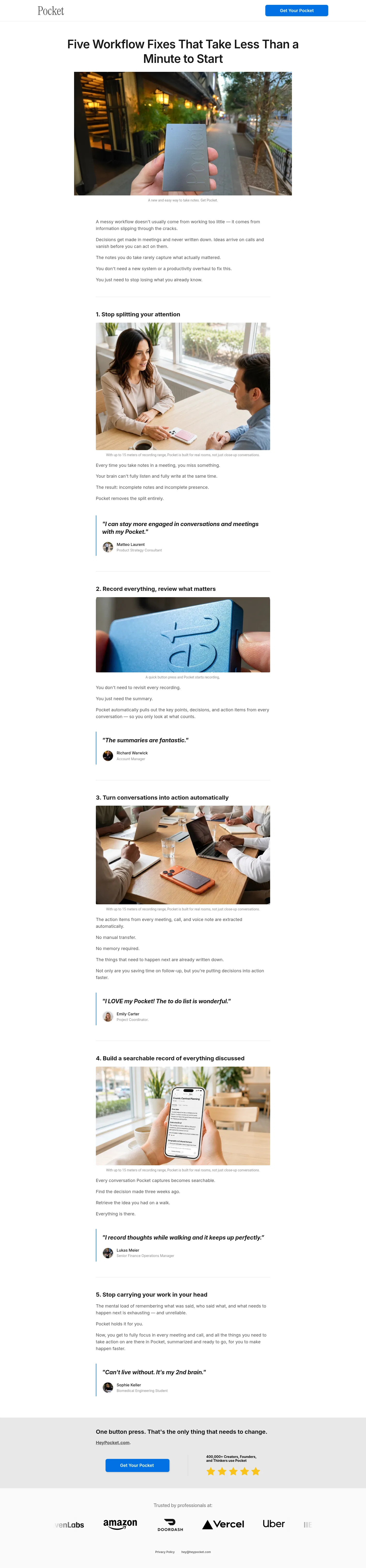 heypocket.com/pages/how-to-improve-your-workflow on desktop, full screenshot