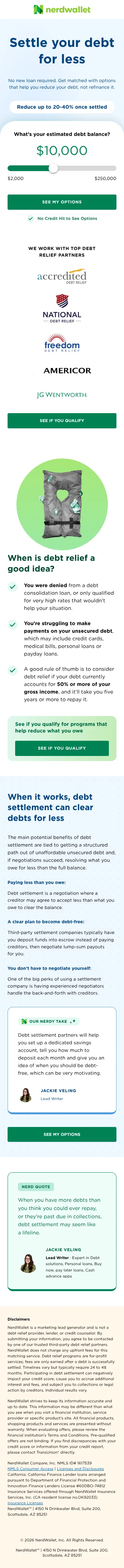 nerdwallet.com/prequalify/m/debt-relief-social/debt-relief-entry-education-long on mobile, full screenshot