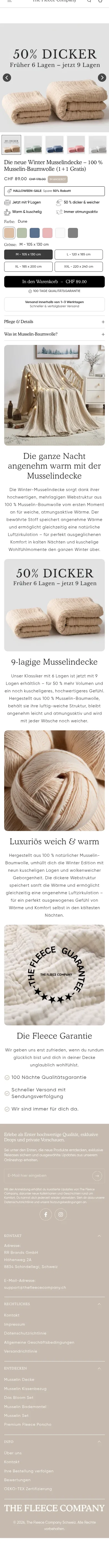 thefleececompany.ch/collections/bestseller/products/the-new-winter-muslin-blanket-100-muslin-cotton on mobile, full screenshot