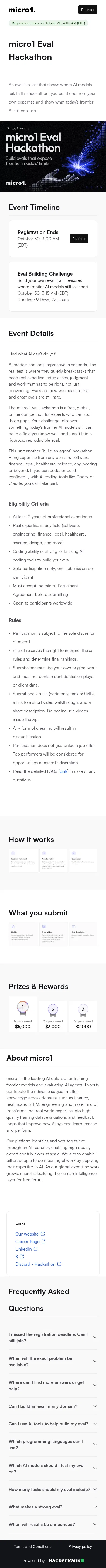 hackerrank.com/event/micro1-eval-hackathon on mobile, full screenshot