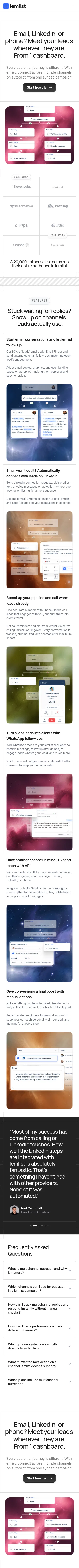 lemlist.com/ads/multichannel-outreach on mobile, full screenshot