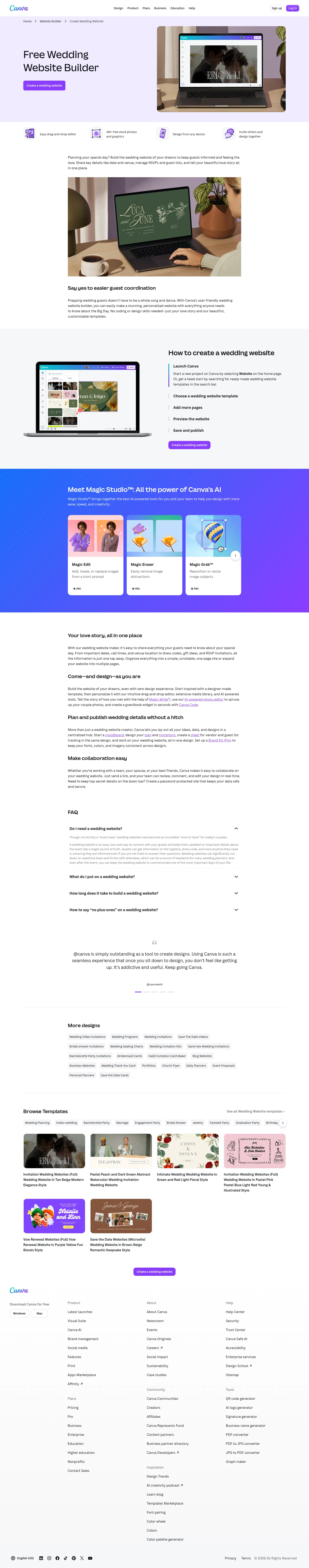 canva.com/create/wedding-websites on desktop, full screenshot