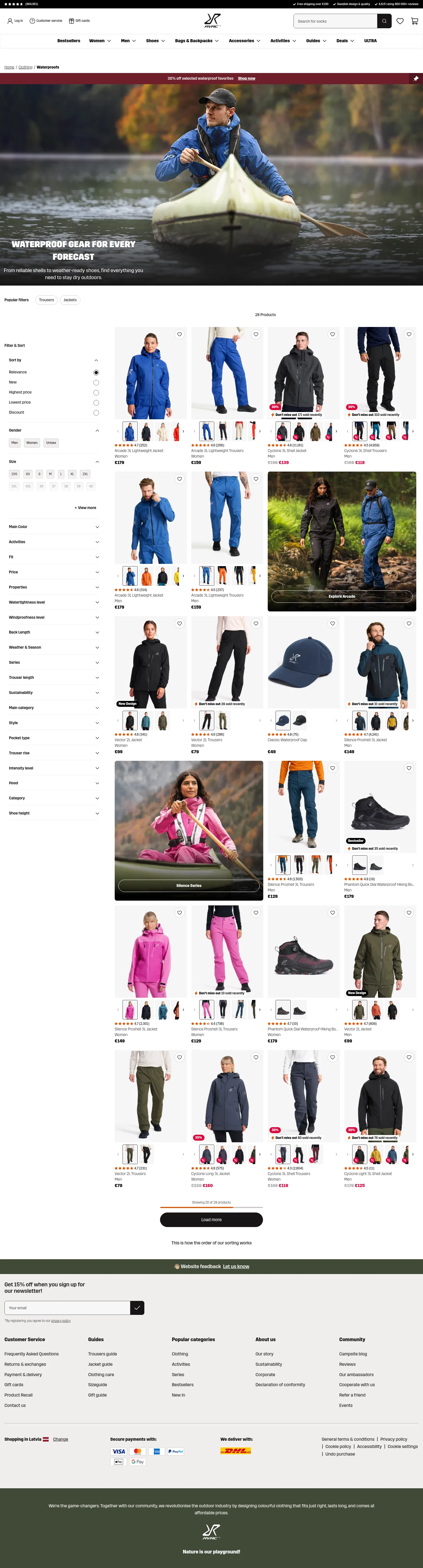 revolutionrace.eu/clothing/waterproofs on desktop, full screenshot