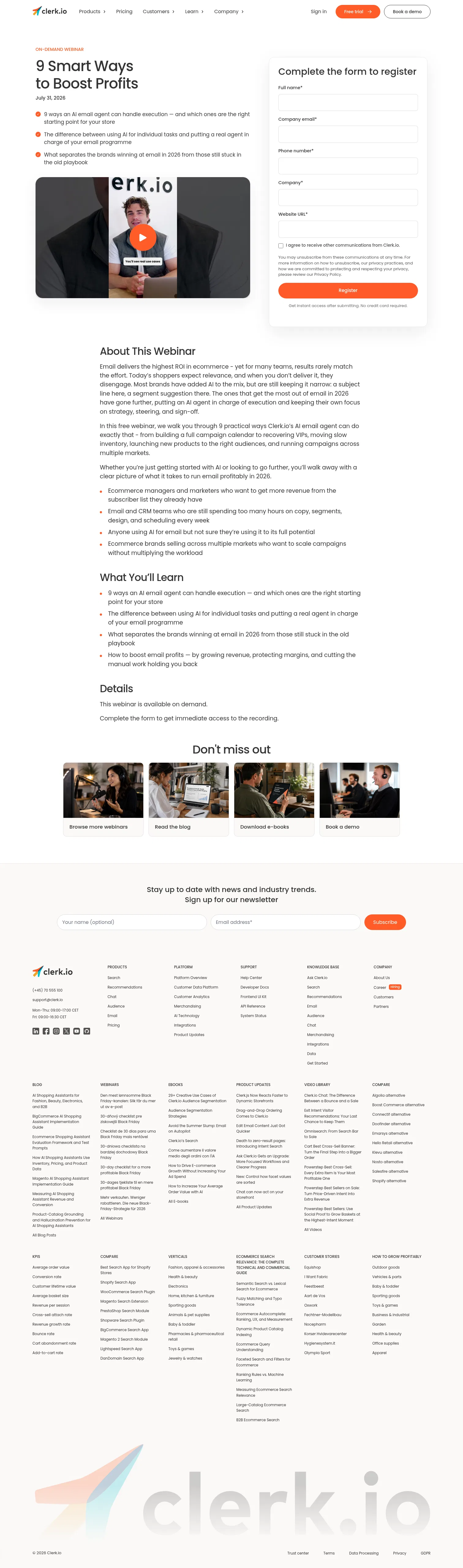 clerk.io/webinar/9-smart-ways-to-boost-profits on desktop, full screenshot