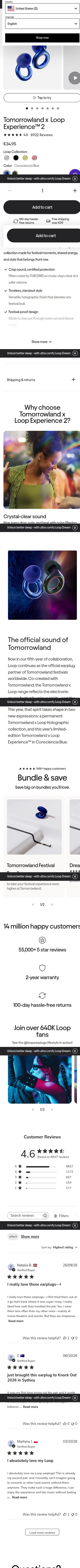 loopearplugs.com/products/experience-2-tomorrowland on mobile, full screenshot