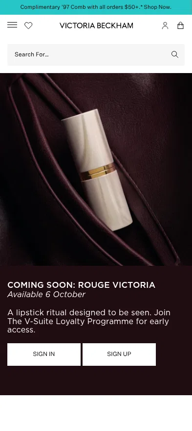 victoriabeckhambeauty.com/pages/coming-soon on mobile, full screenshot