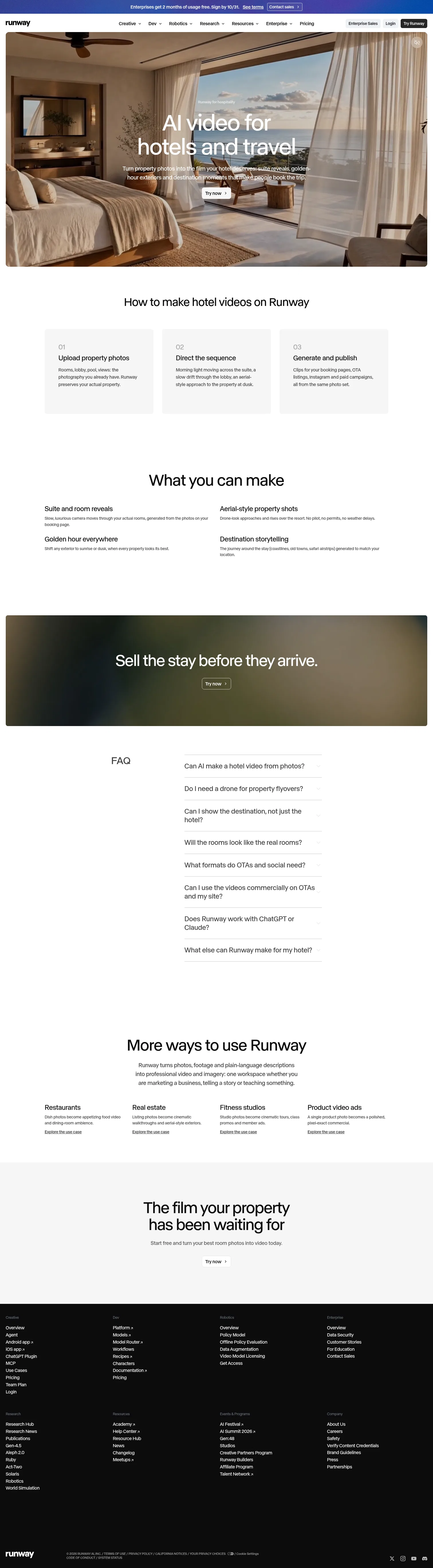 runway.com/use-cases/hotels on desktop, full screenshot