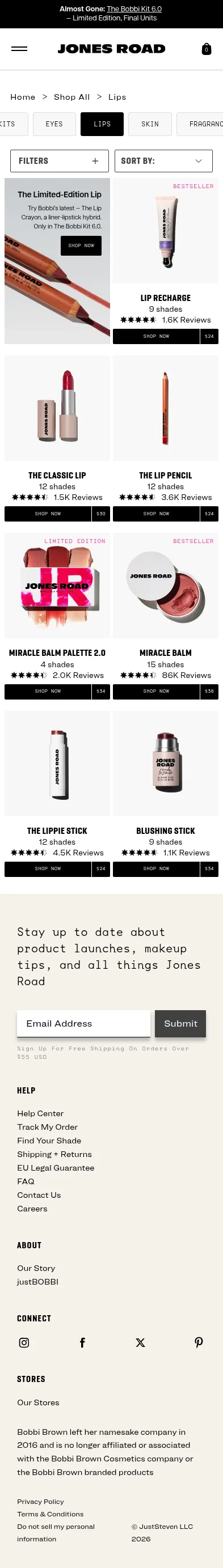 jonesroadbeauty.com/collections/lips on mobile, full screenshot