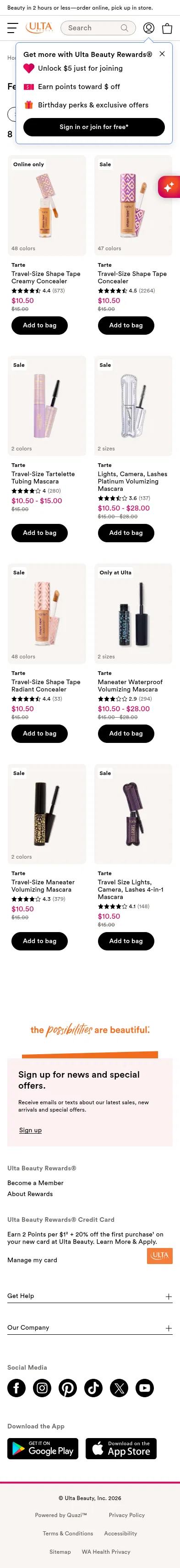 ulta.com/featured/tarte_fall_haul_concealer_mascara on mobile, full screenshot