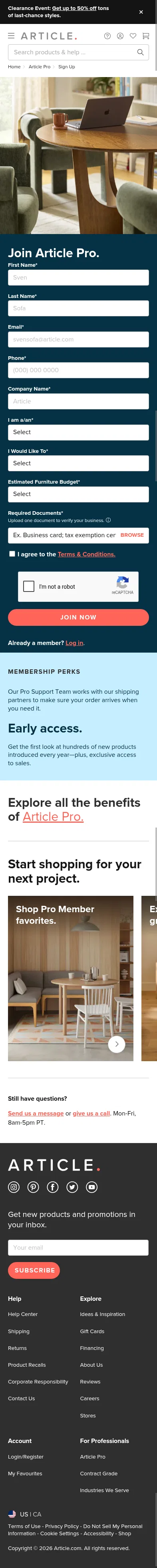 article.com/c/article-pro-sign-up on mobile, full screenshot