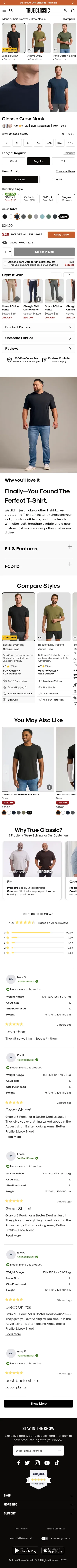 trueclassictees.com/products/navy-crew-neck-tee on mobile, full screenshot