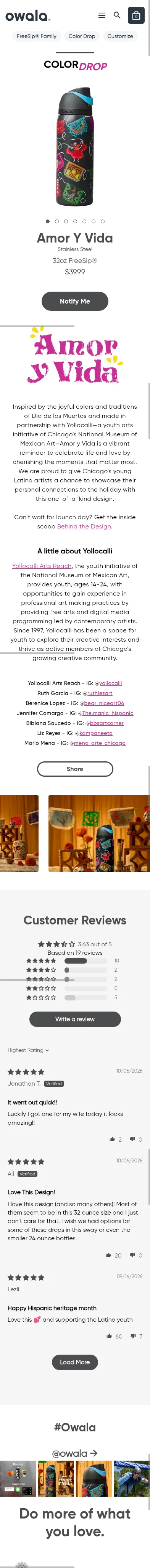 owalalife.com/color-drop/amor-y-vida on mobile, full screenshot