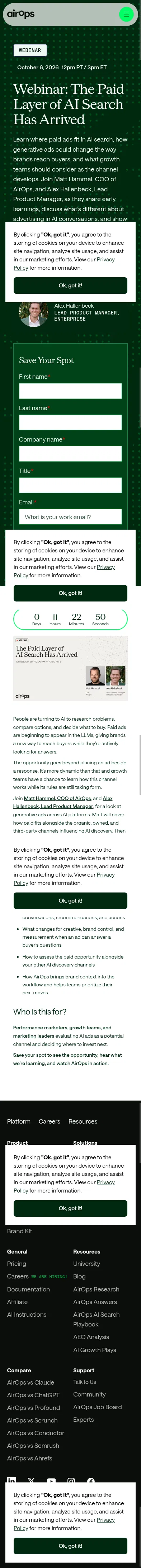 airops.com/events/webinar-the-paid-layer-of-ai-search-ai-ads on mobile, full screenshot
