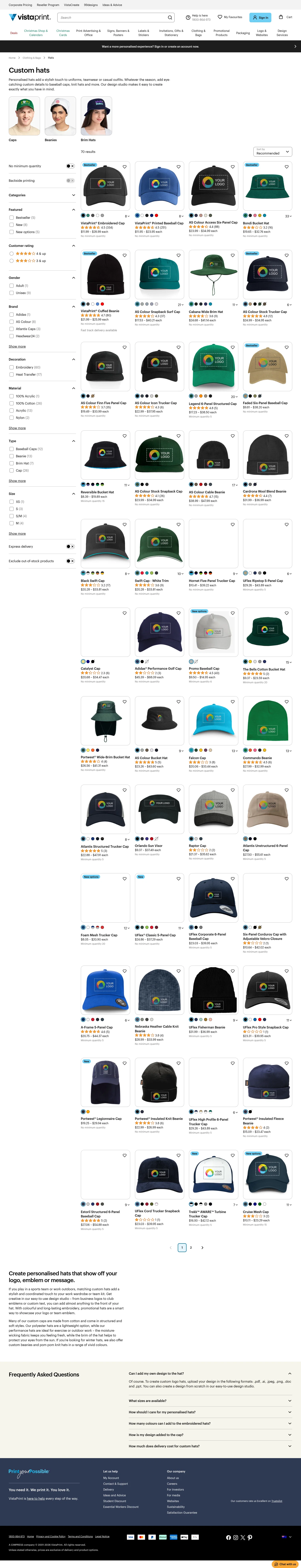 vistaprint.com.au/clothing-bags/hats on desktop