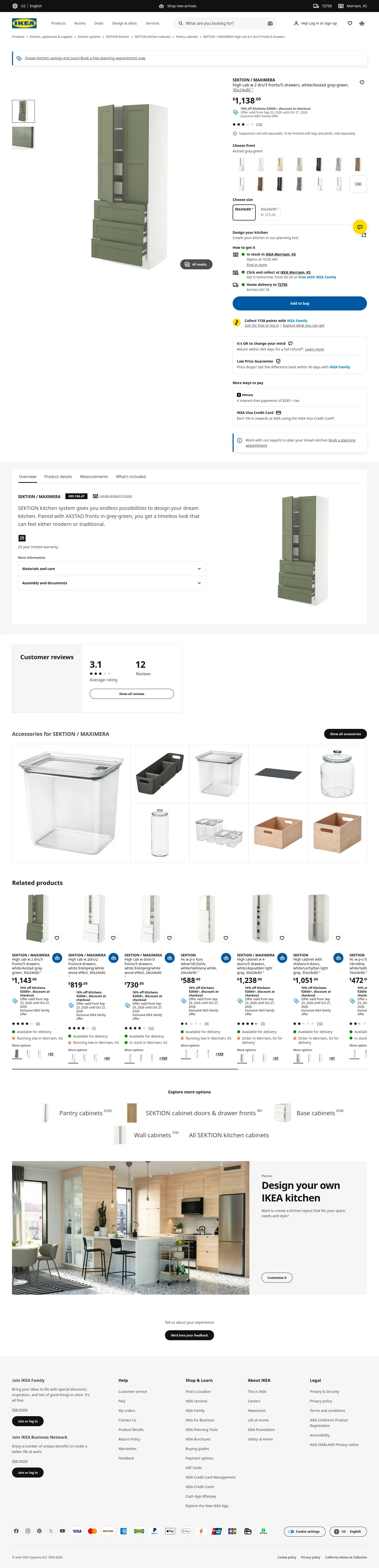 ikea.com/us/en/p/sektion-maximera-high-cab-w-2-drs-3-fronts-5-drawers-white-axstad-gray-green-s69516647 on desktop, full screenshot