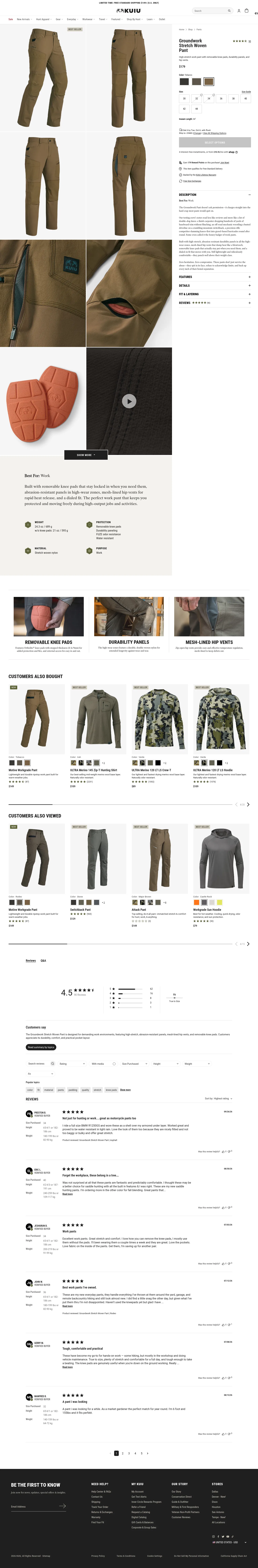 kuiu.com/products/groundwork-stretch-woven-pant-tobacco on desktop, full screenshot