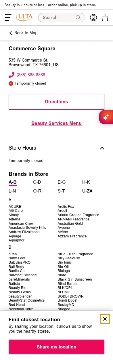 ulta.com/stores/brownwood-tx-1888 on mobile