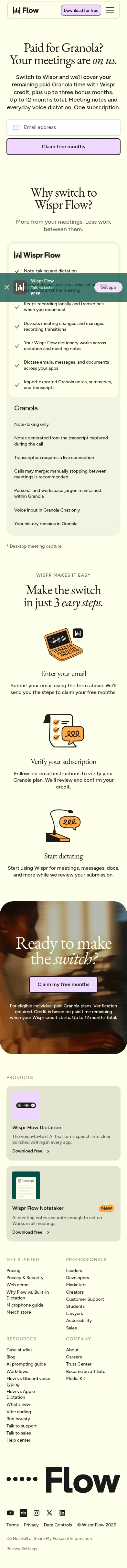 wisprflow.ai/granola-switch on mobile, full screenshot