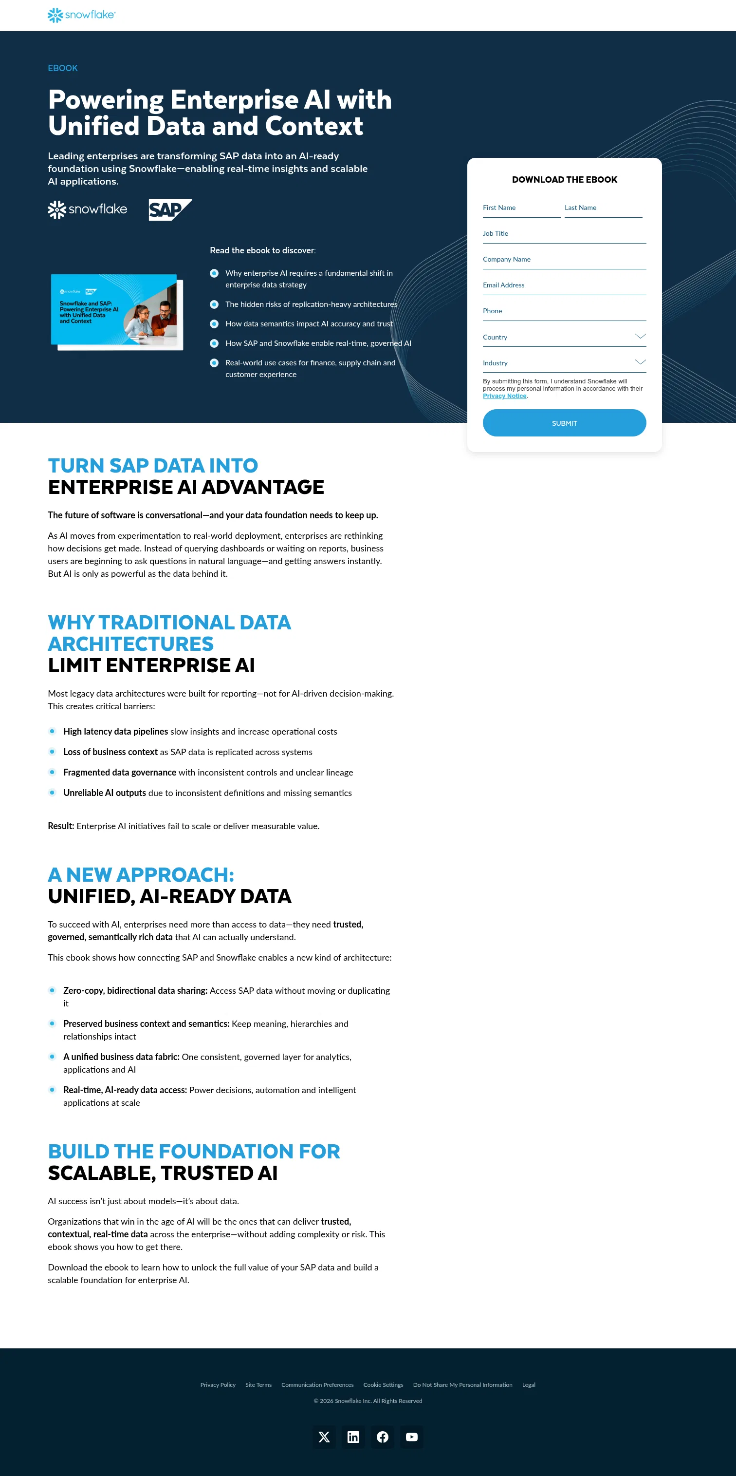 snowflake.com/en/sap-enterprise-ai-unified-data-context on desktop, full screenshot