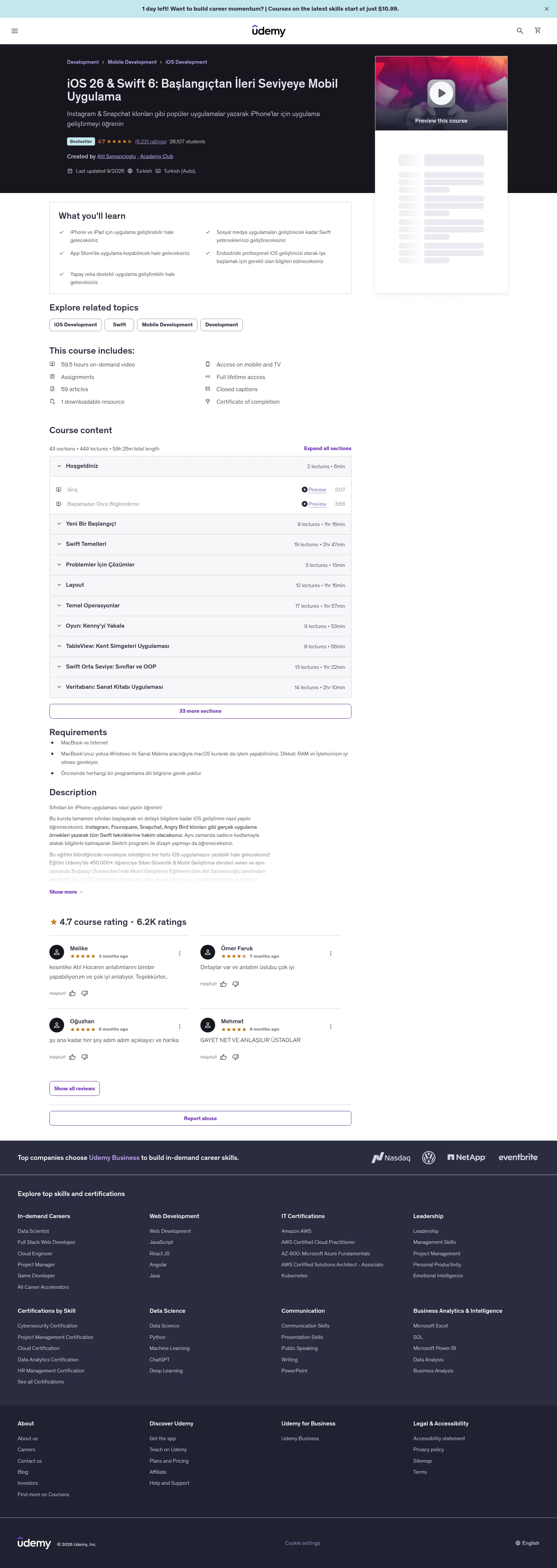 udemy.com/ios-gelistirme-kursu on desktop, full screenshot