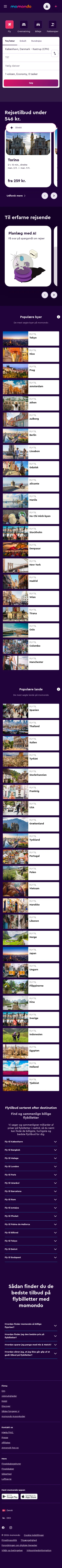 momondo.dk/flight-search on mobile, full screenshot