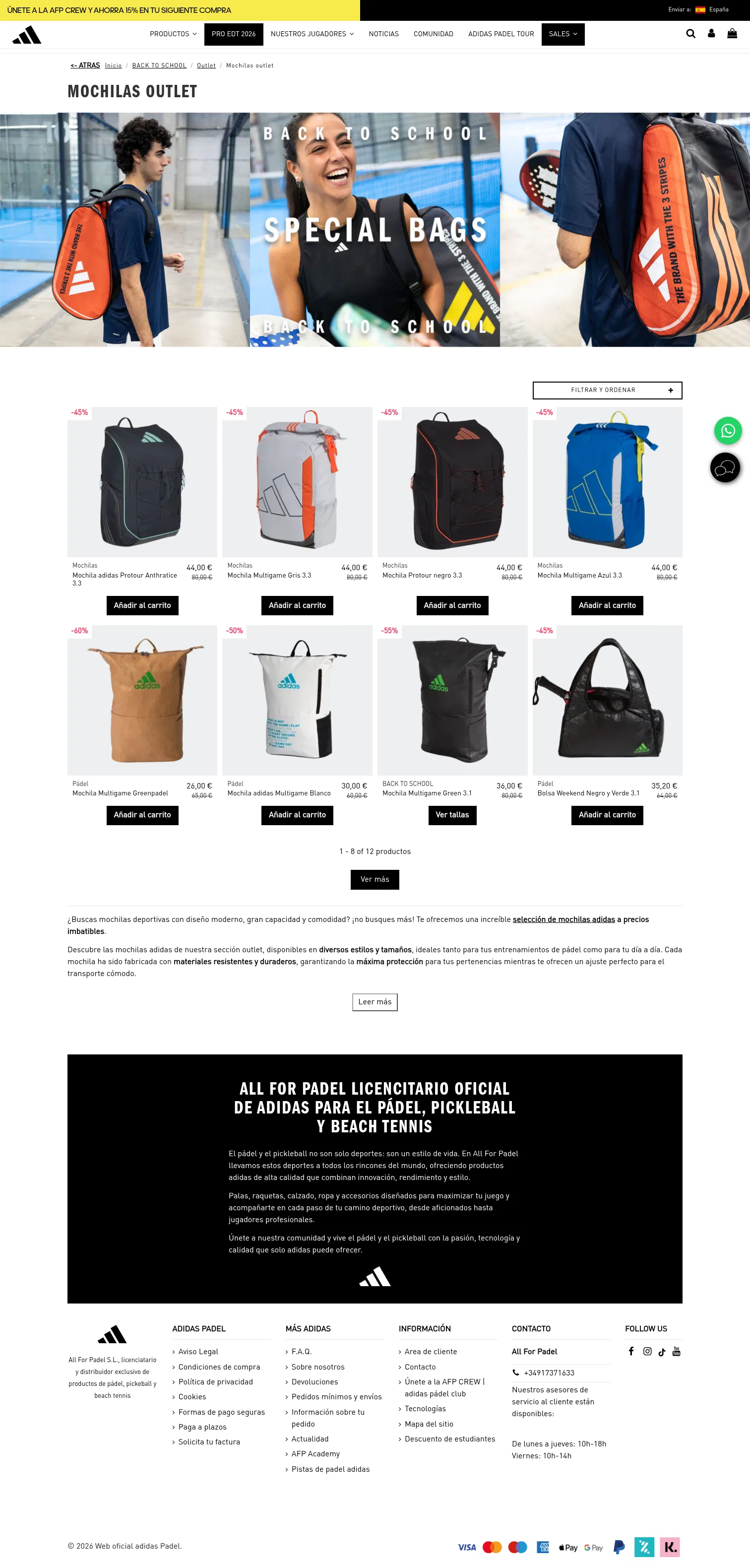 allforpadel.com/es/134-mochilas-outlet on desktop, full screenshot