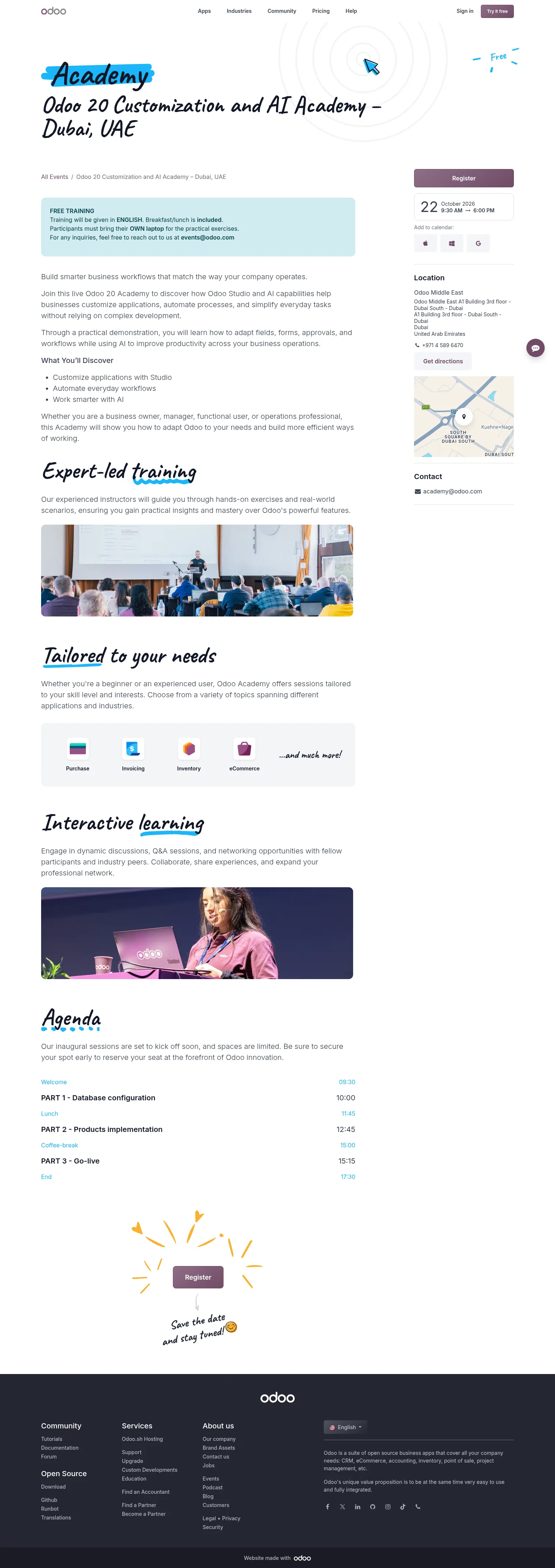 odoo.com/event/odoo-20-customization-and-ai-academy-dubai-uae-12195/register on desktop, full screenshot