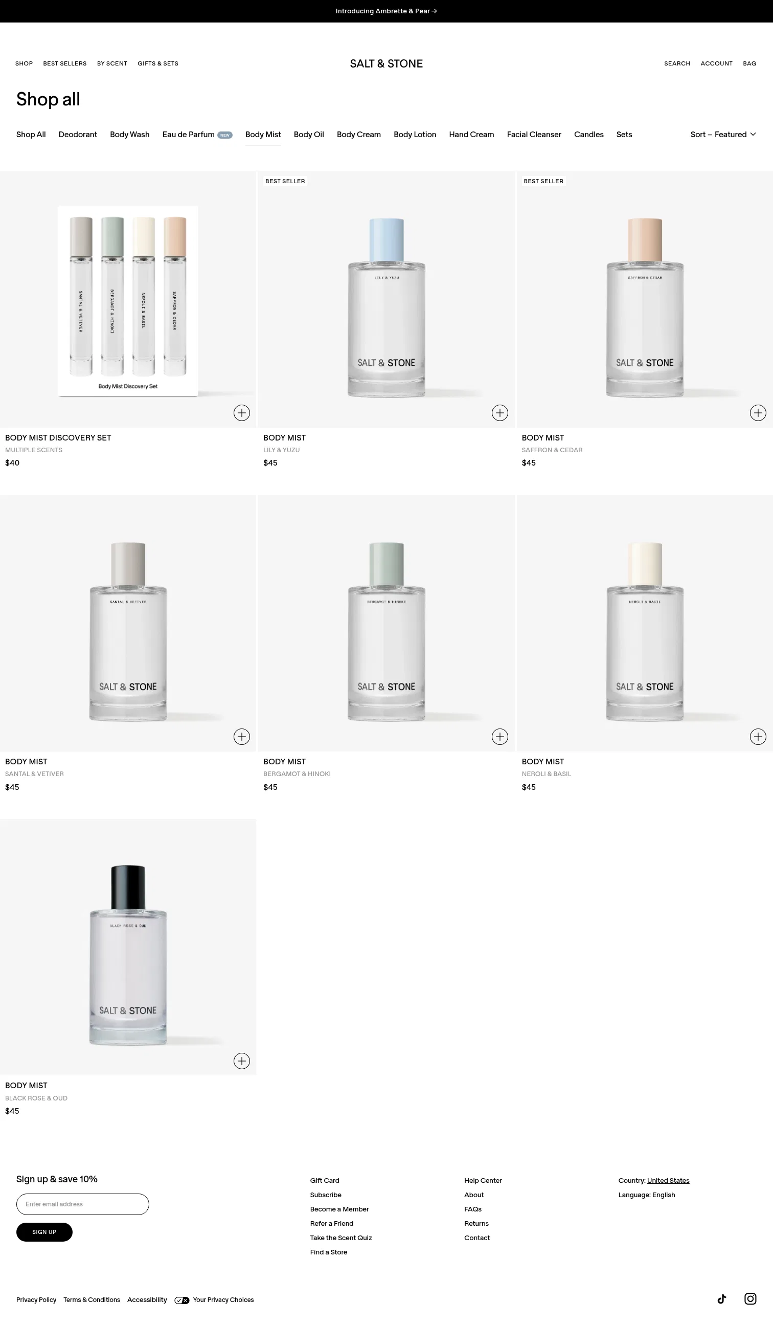 saltandstone.com/collections/body-mist on desktop, full screenshot