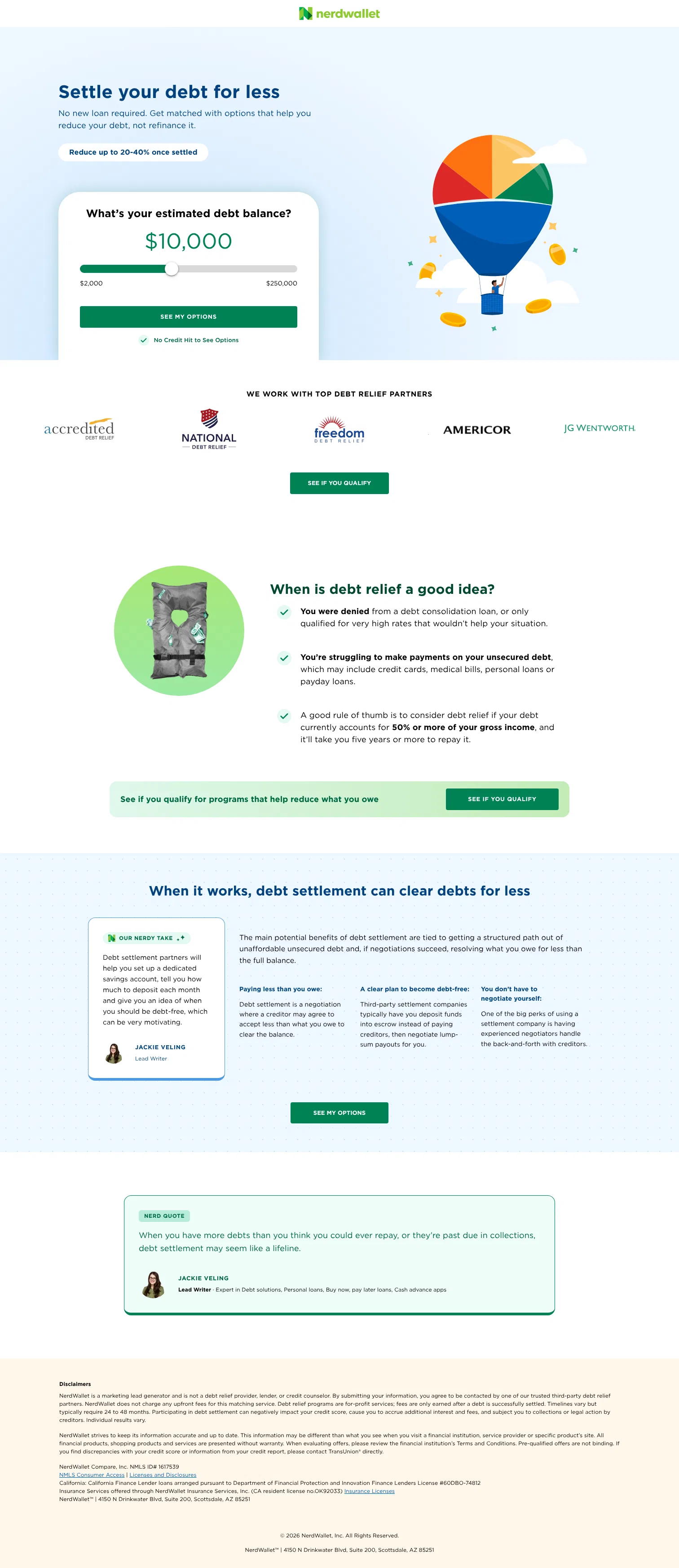 nerdwallet.com/prequalify/m/debt-relief-social/debt-relief-entry-education-long on desktop, full screenshot