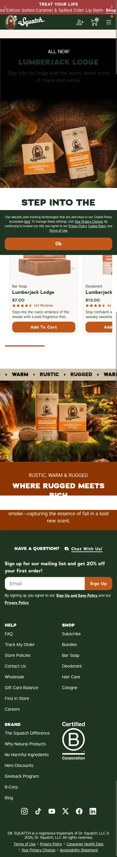 drsquatch.com/pages/lumberjack-lodge on mobile, full screenshot