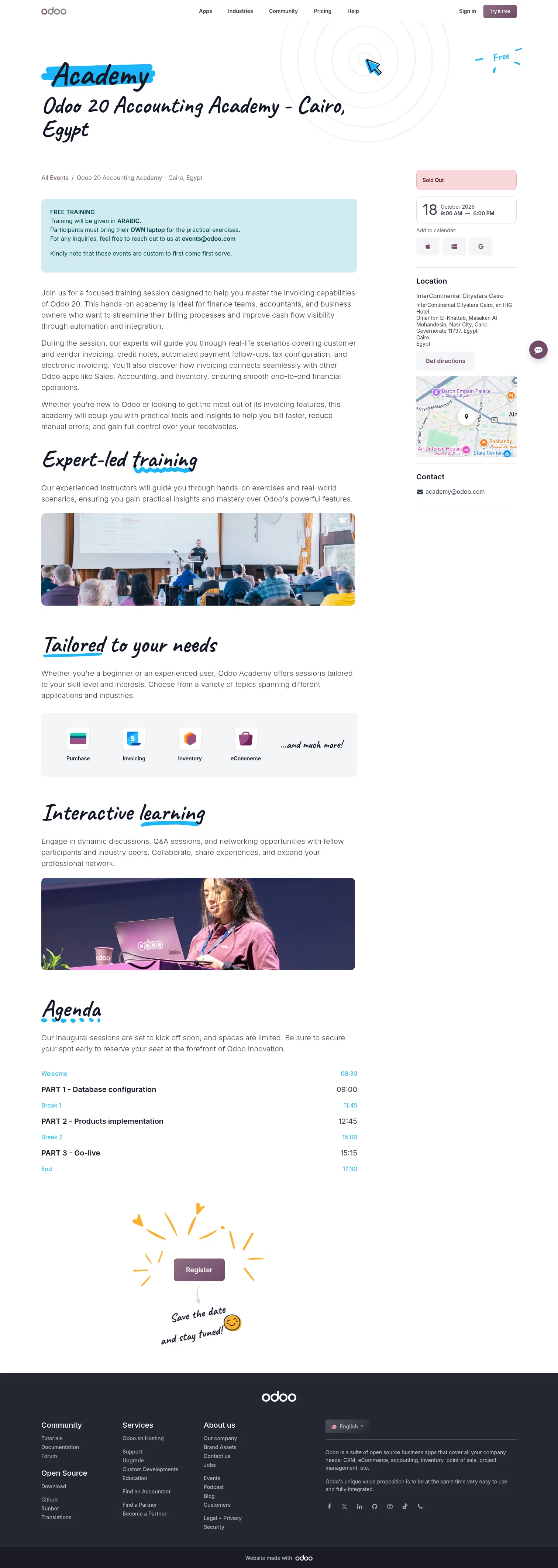odoo.com/event/odoo-20-accounting-academy-cairo-egypt-12551/register on desktop, full screenshot