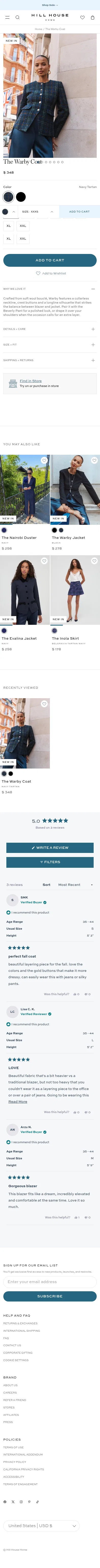 hillhousehome.com/products/the-warby-coat-navy-tartan on mobile, full screenshot